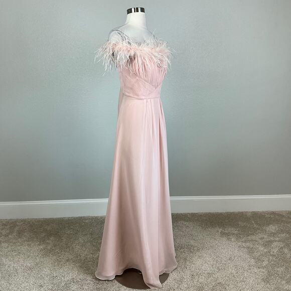 Eliza J Off the Shoulder Evening Gown Size 12 Pink Chiffon Feather Trim A-Line - Picture 2 of 12
